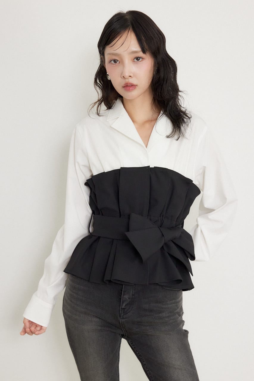 プリーツペプラムシャツトップス BLK FREE
