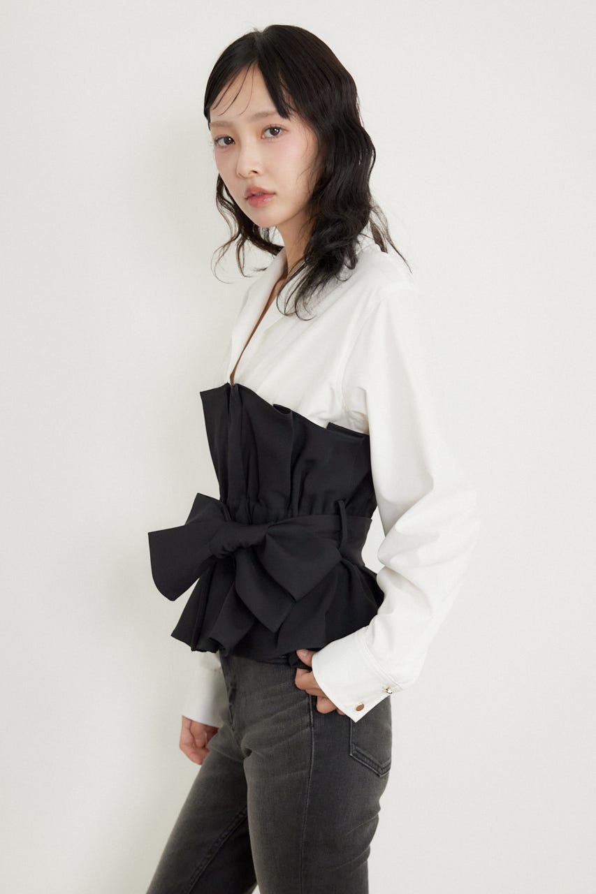プリーツペプラムシャツトップス BLK FREE