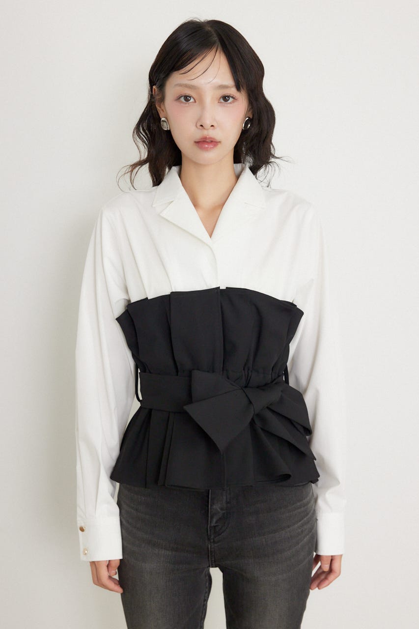 プリーツペプラムシャツトップス BLK FREE