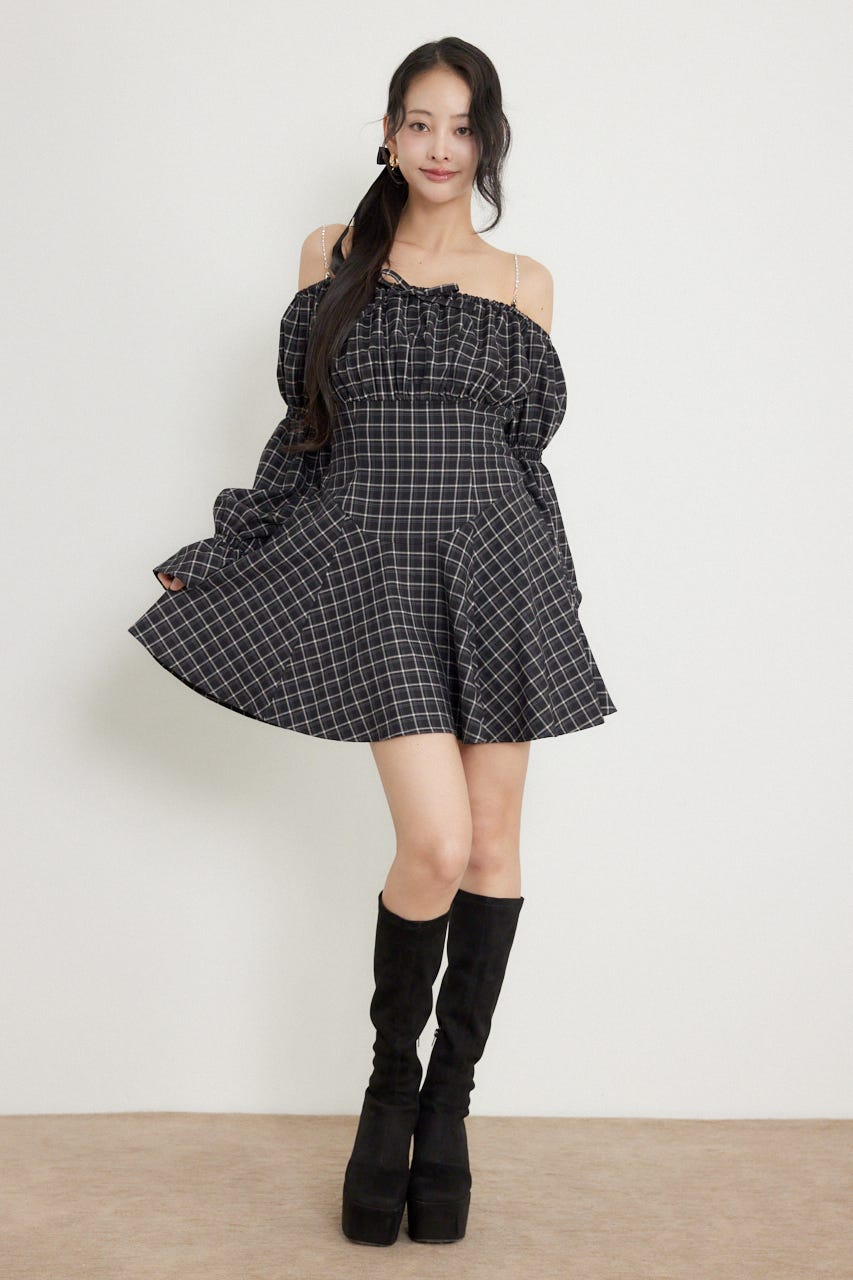 オフショルチェックミニワンピース BLK S