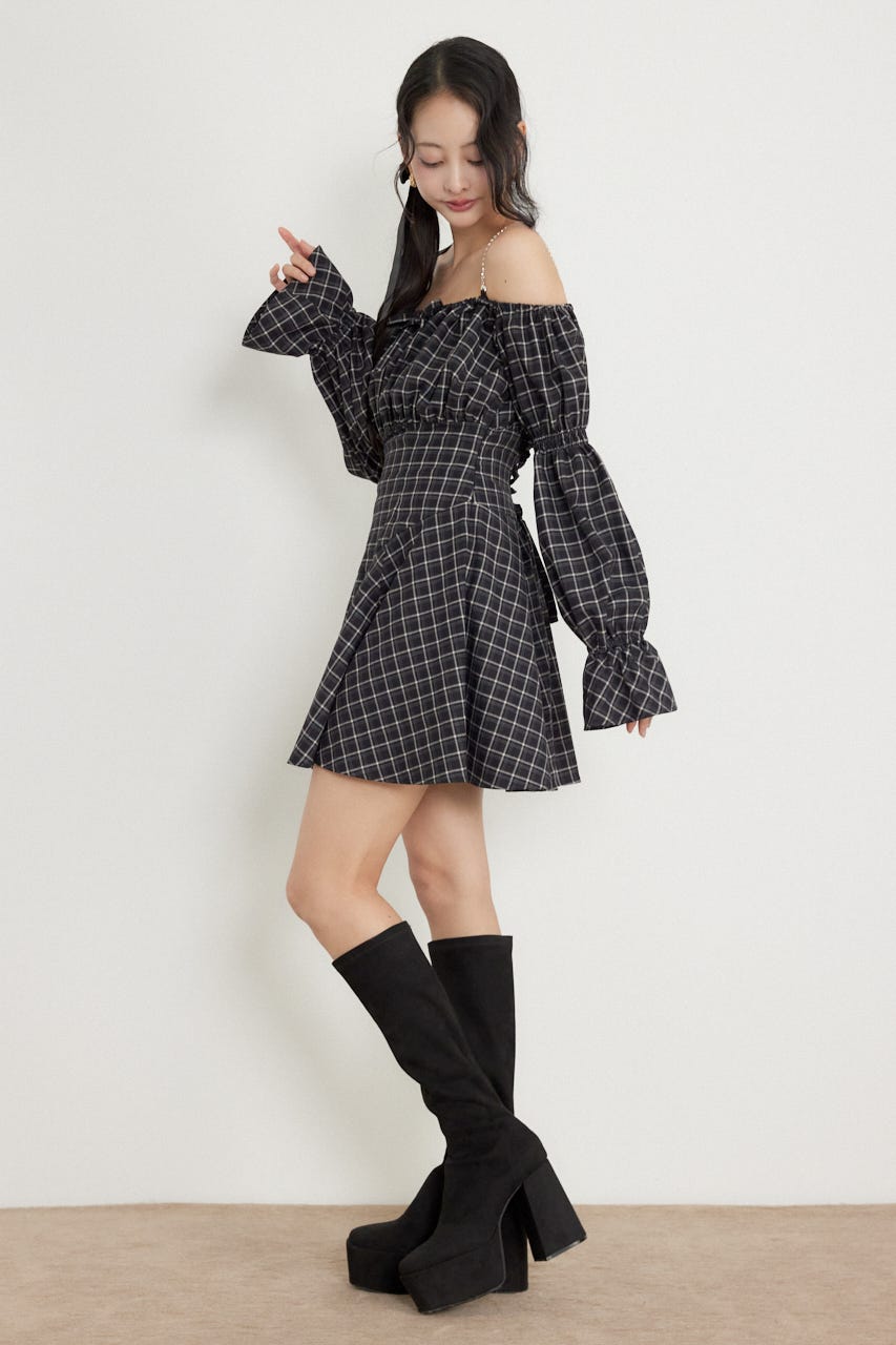 オフショルチェックミニワンピース BLK S