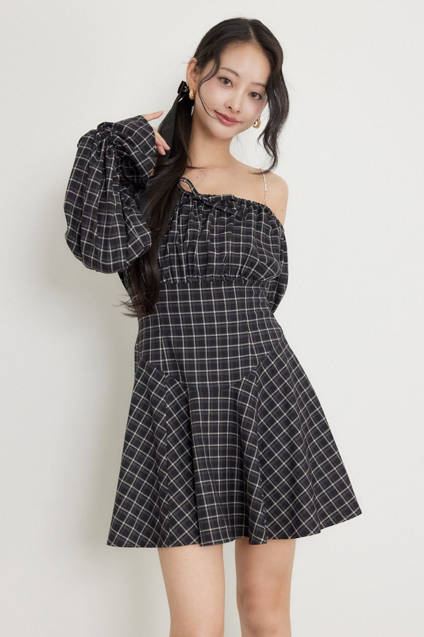 オフショルチェックミニワンピース BLK S