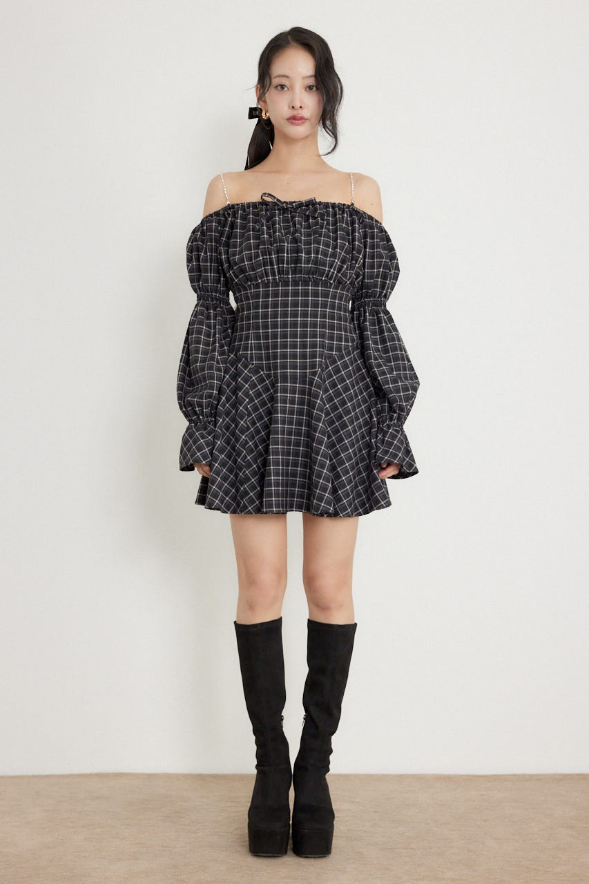 オフショルチェックミニワンピース BLK S