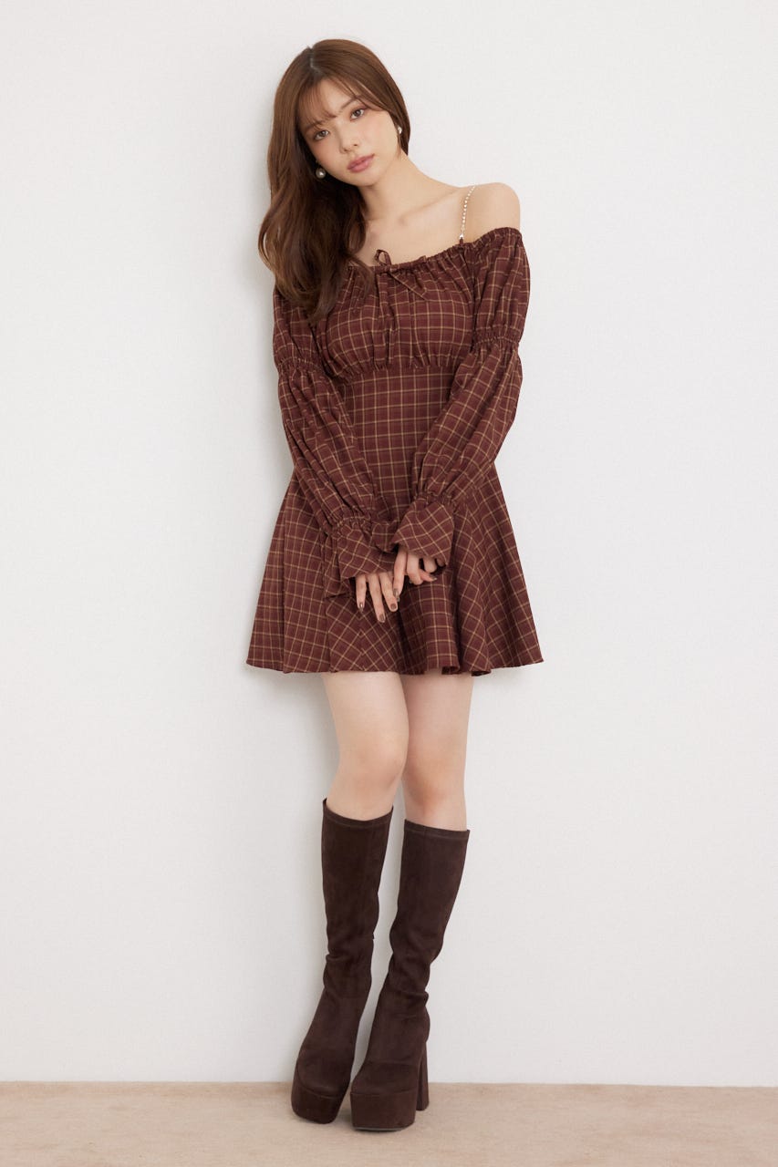 オフショルチェックミニワンピース RED S