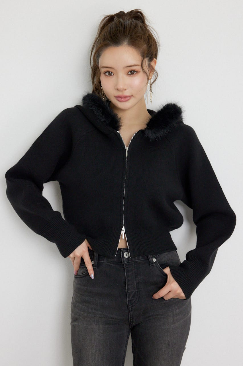 フェイクファーフーディニットトップス BLK FREE