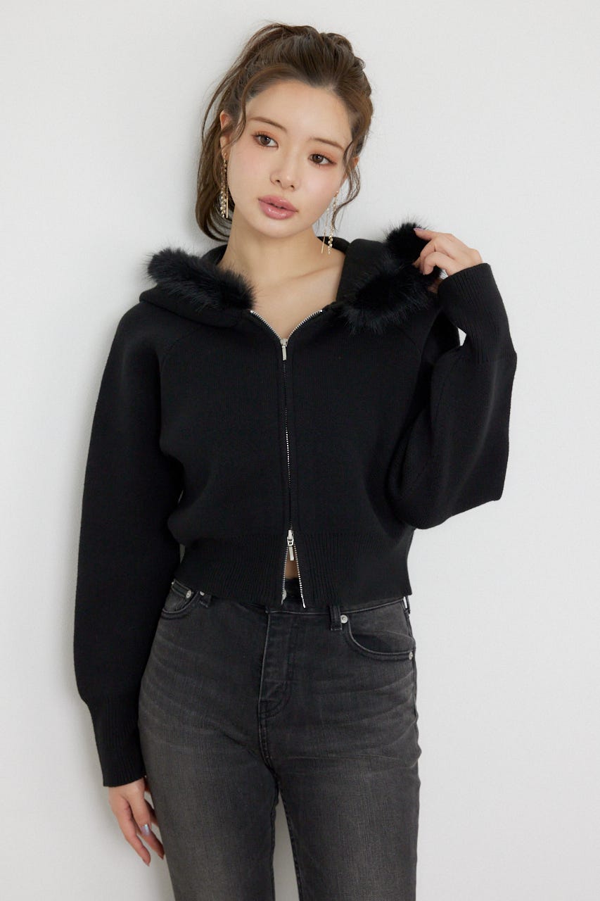 フェイクファーフーディニットトップス BLK FREE