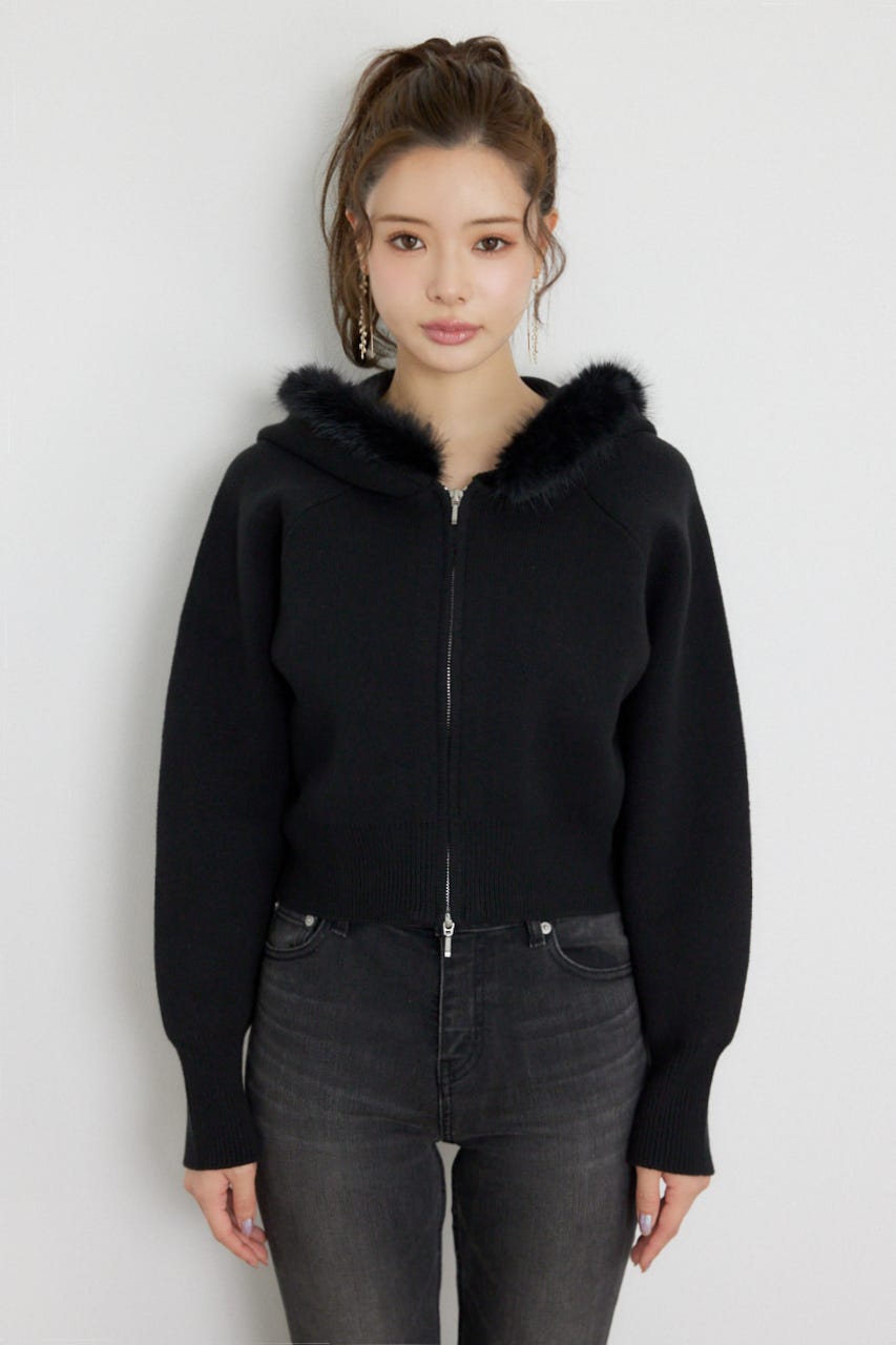 フェイクファーフーディニットトップス BLK FREE
