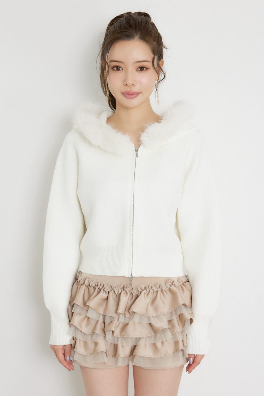 フェイクファーフーディニットトップス WHT FREE