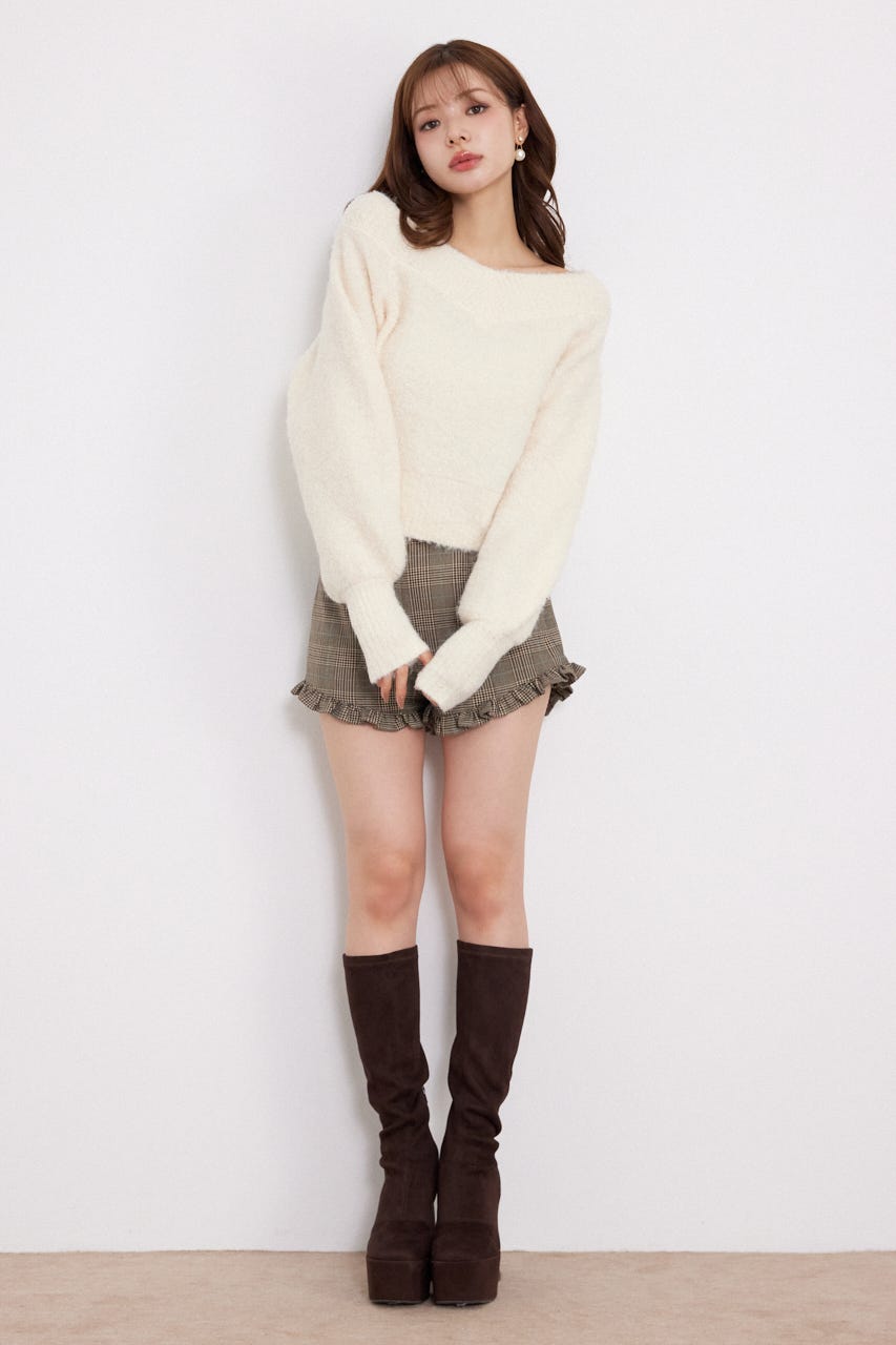 プチVネックオフショルニットトップス WHT FREE