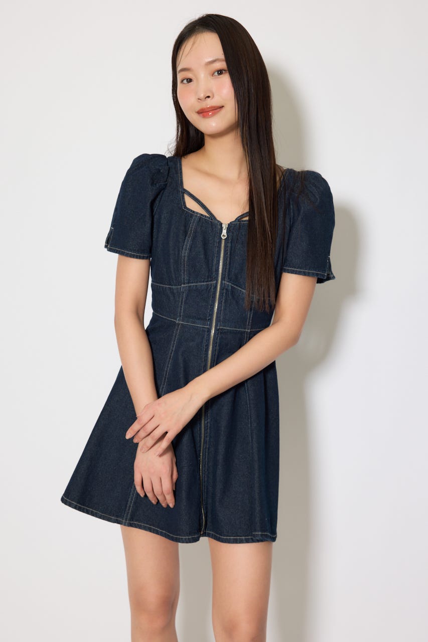 フロントジップマーメイドデニムミニワンピース D/BLU M