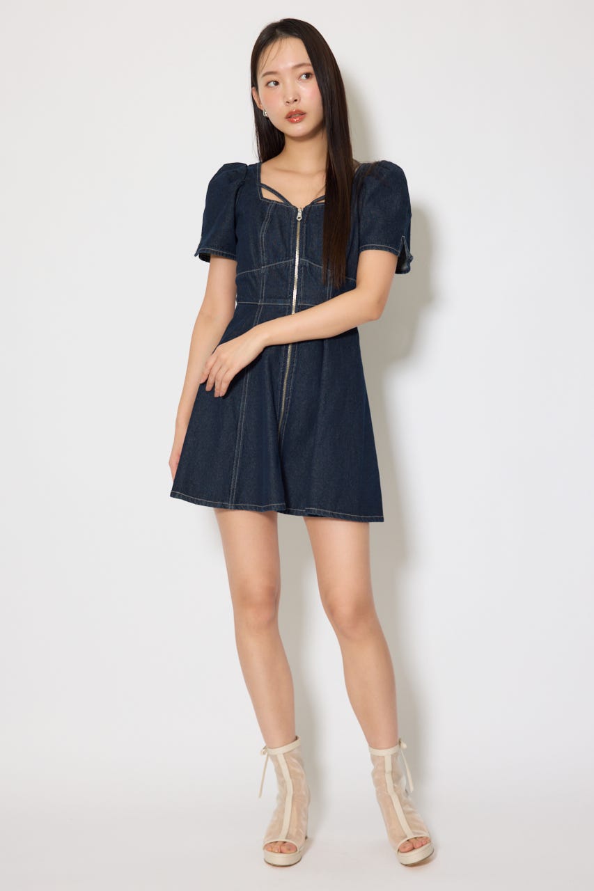 フロントジップマーメイドデニムミニワンピース D/BLU M