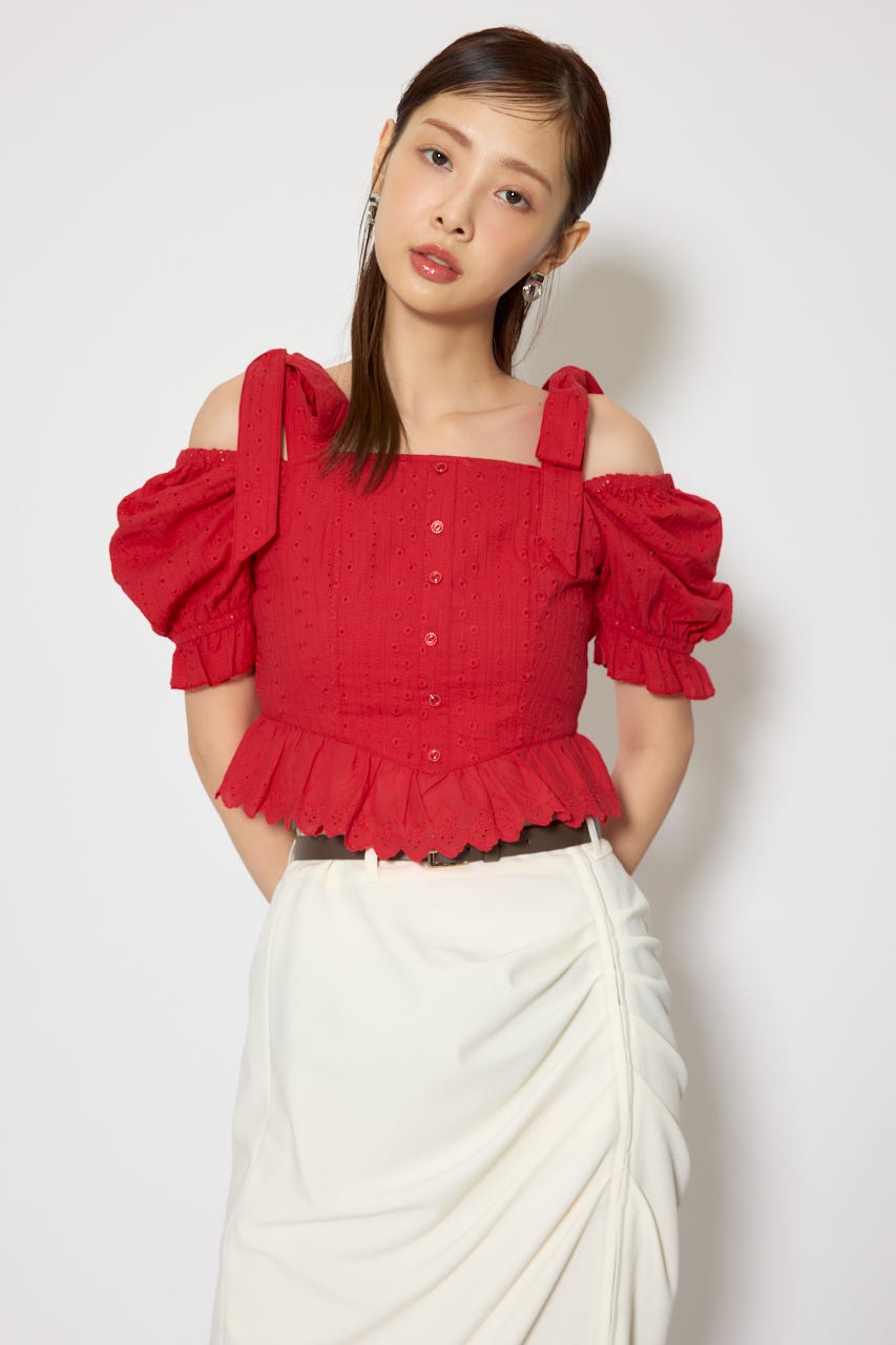 コットンレースブラウス RED S