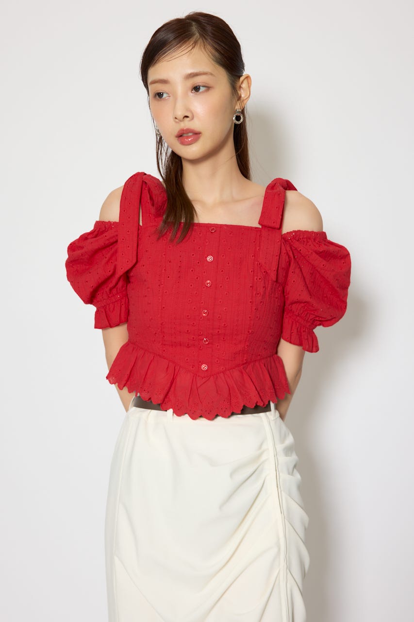 コットンレースブラウス RED S