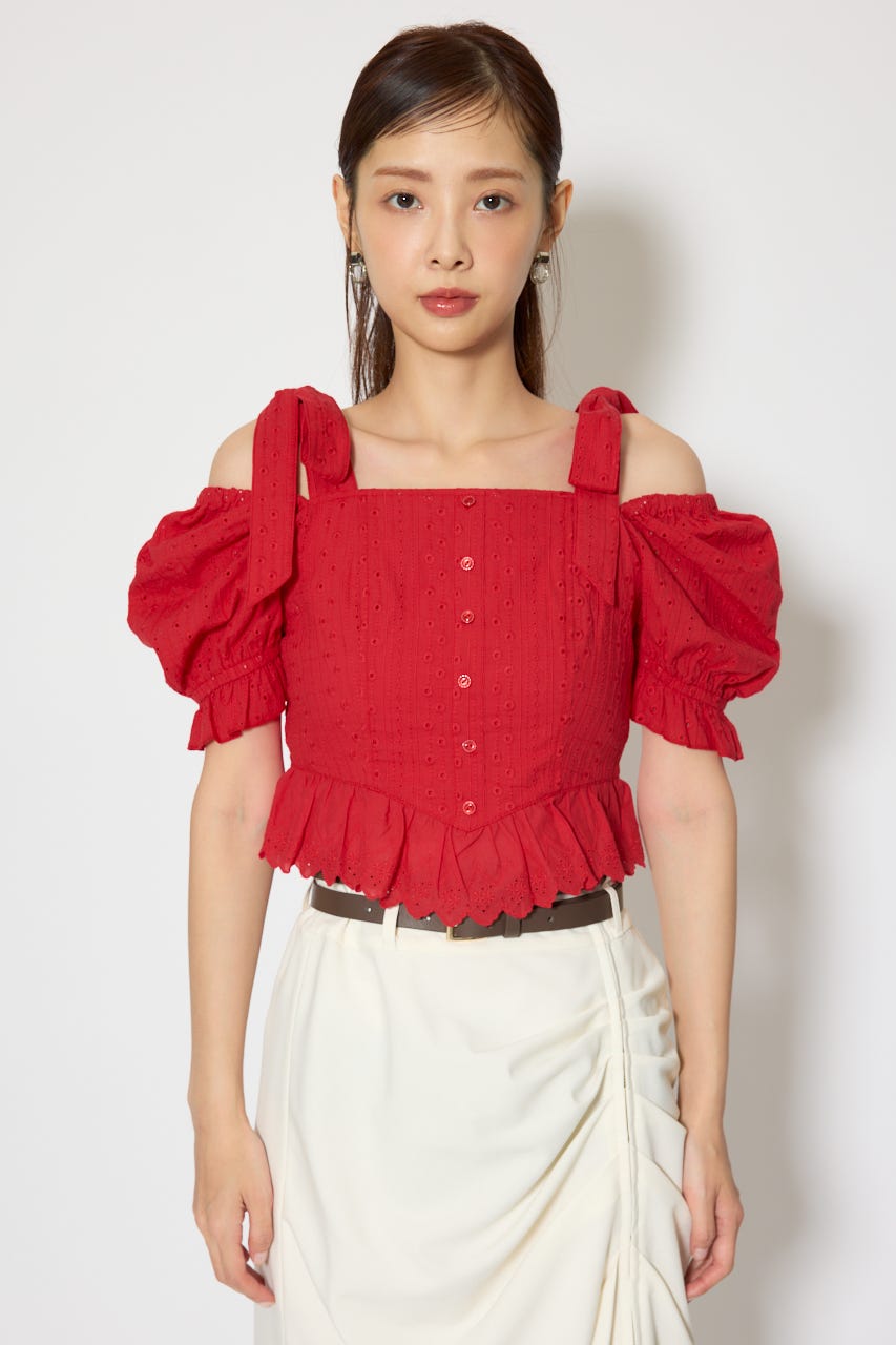コットンレースブラウス RED S