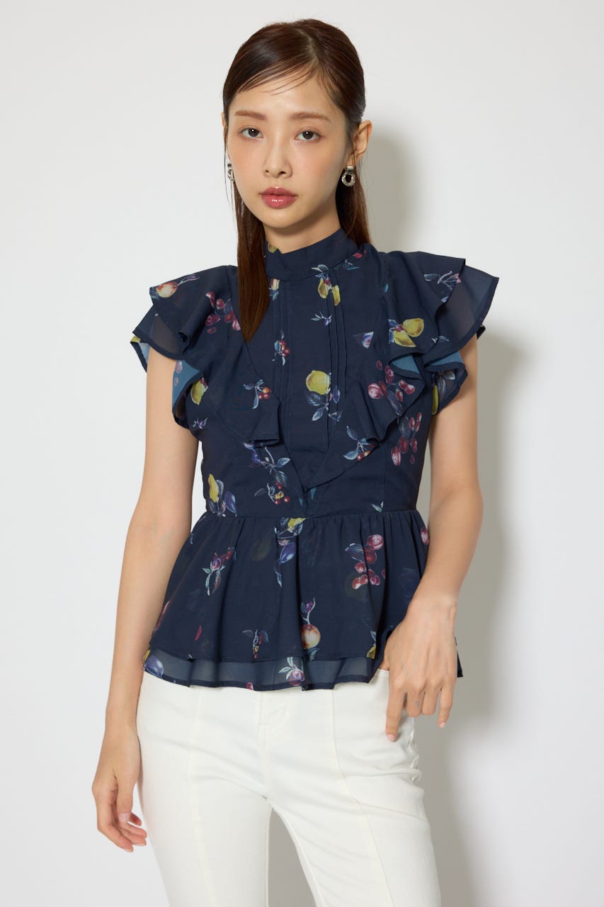 バックリボンフリルブラウス 柄NVY M