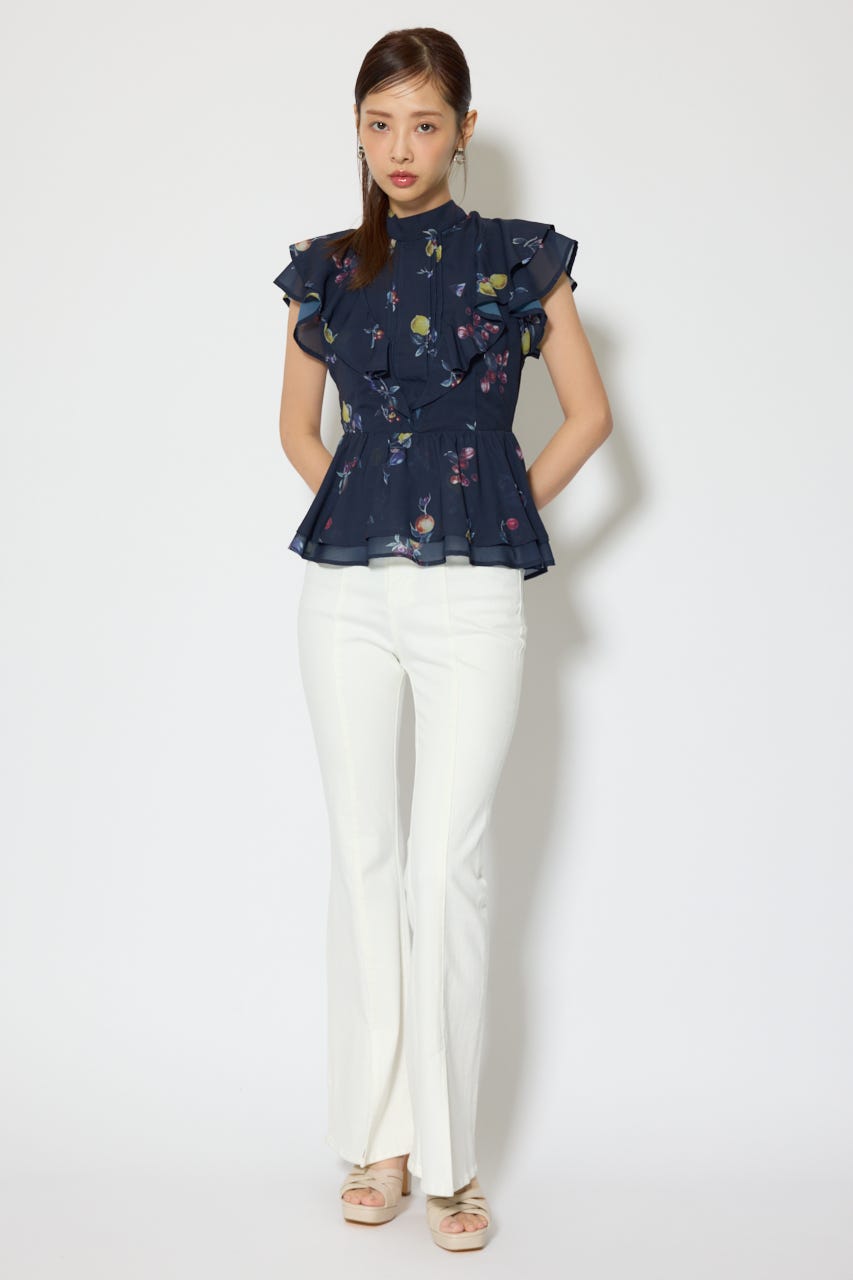 バックリボンフリルブラウス 柄NVY M