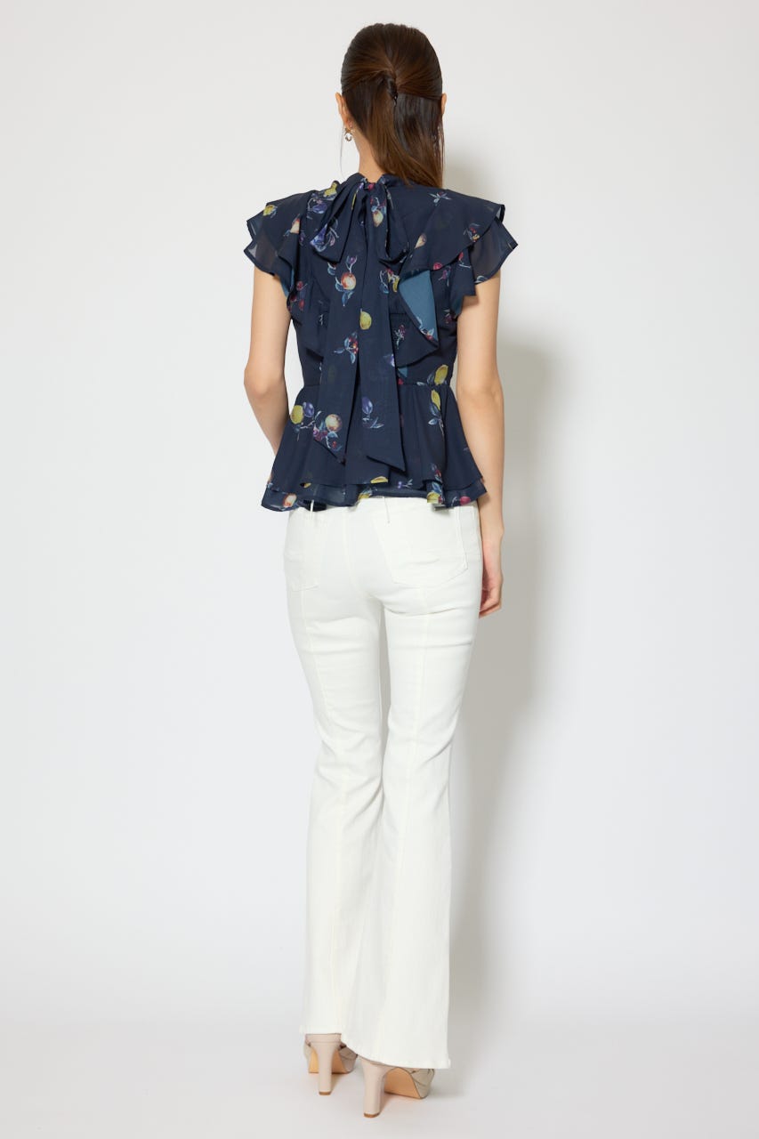 バックリボンフリルブラウス 柄NVY M