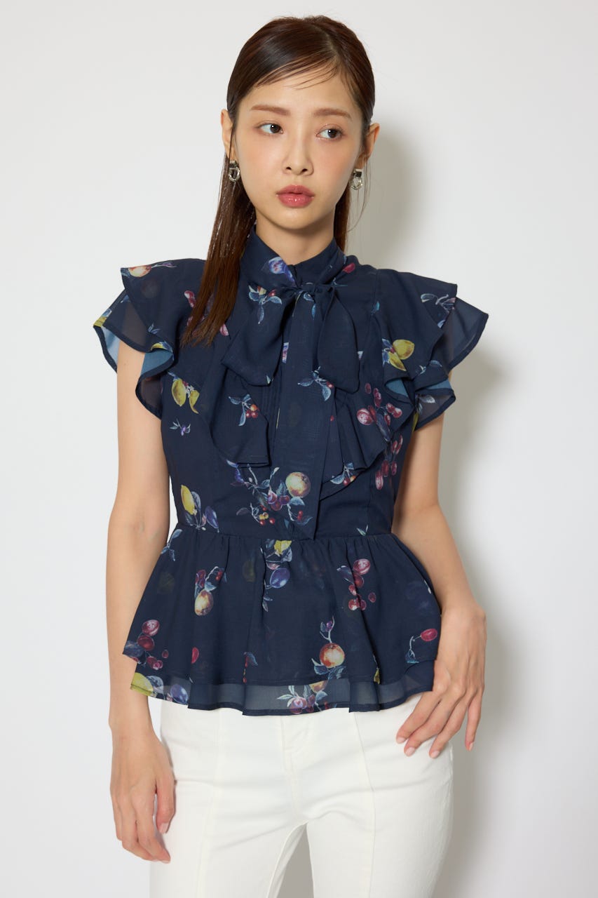 バックリボンフリルブラウス 柄NVY M