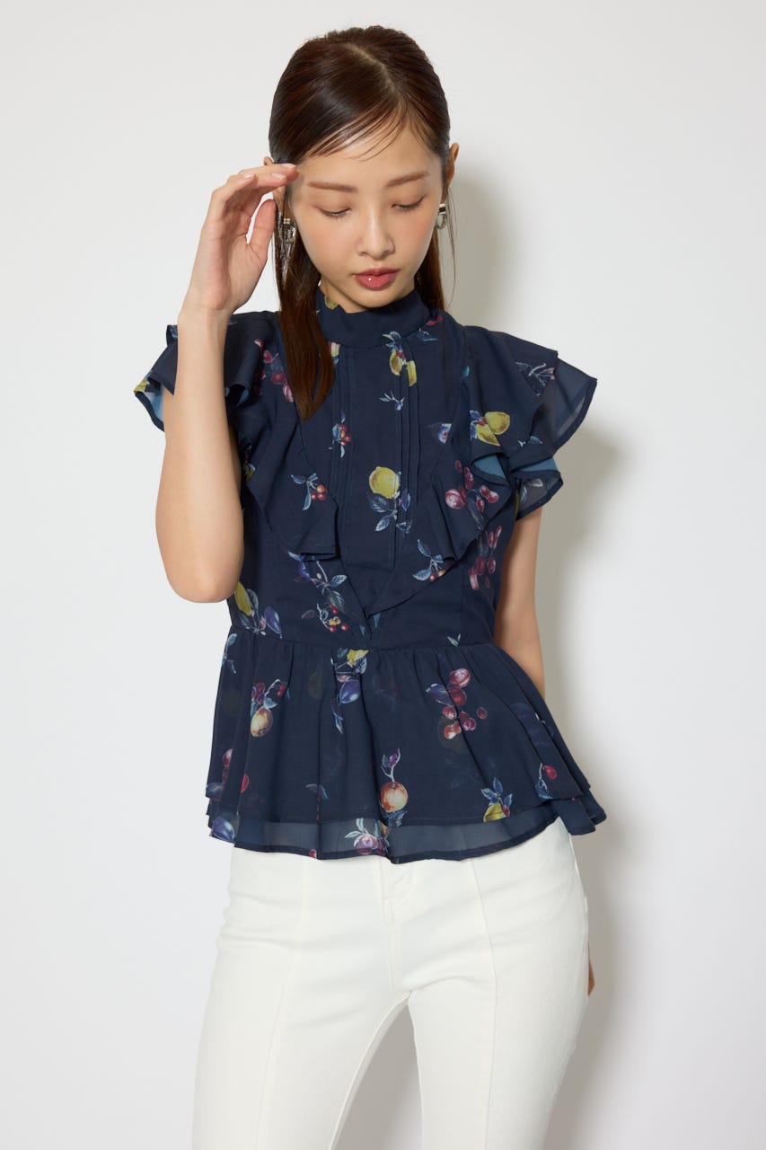 バックリボンフリルブラウス 柄NVY M