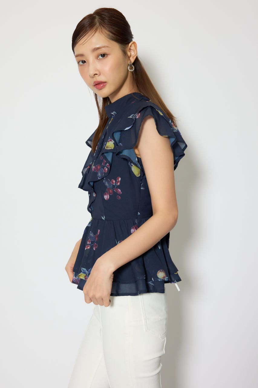 バックリボンフリルブラウス 柄NVY M