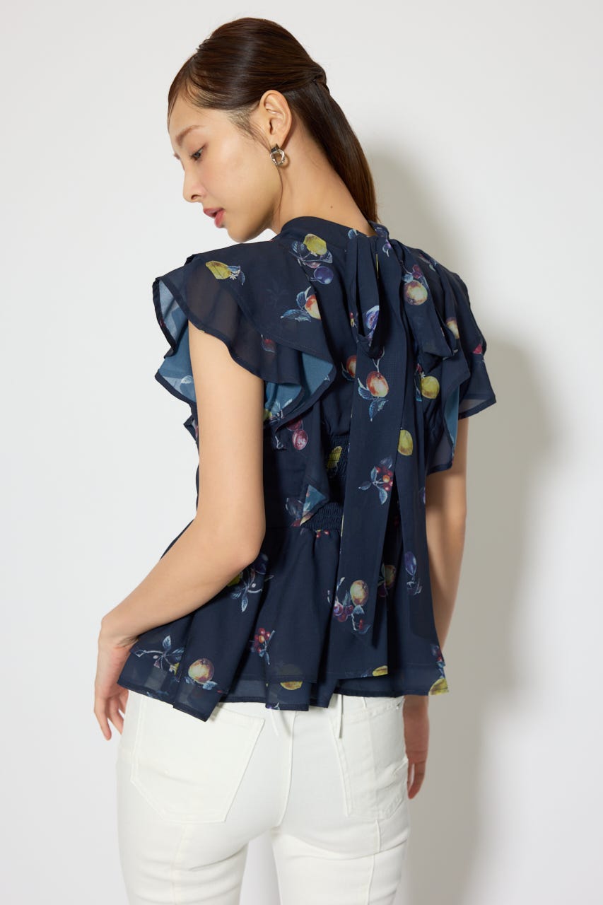 バックリボンフリルブラウス 柄NVY M