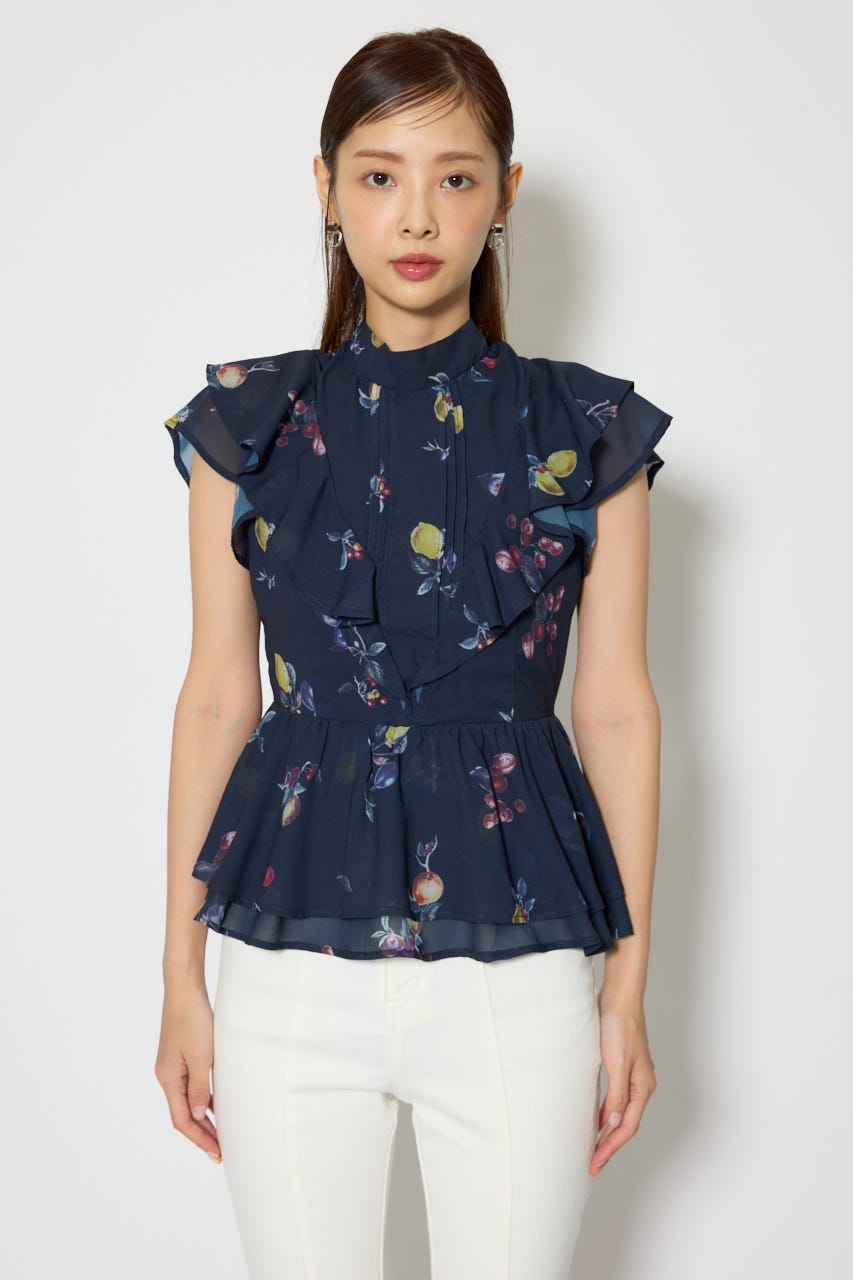 バックリボンフリルブラウス 柄NVY M