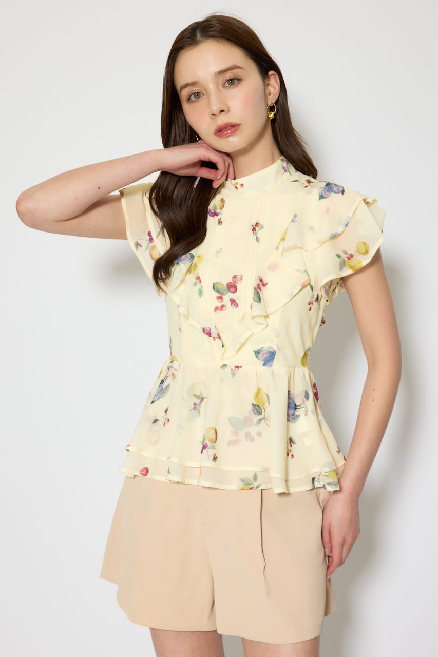 バックリボンフリルブラウス 柄YEL M