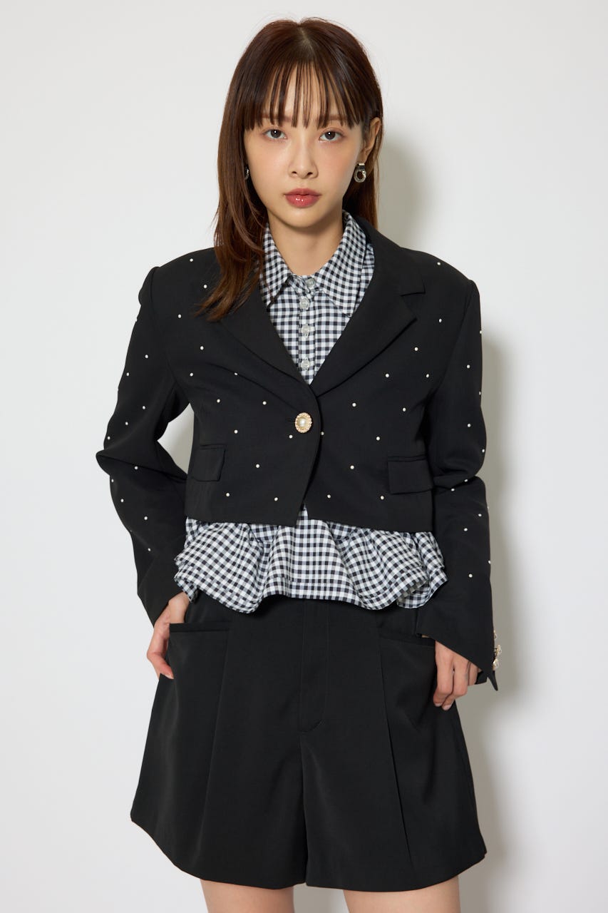 パール付きシングルショートテーラードジャケット BLK M