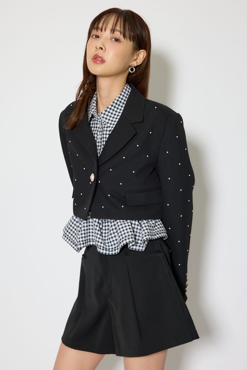 パール付きシングルショートテーラードジャケット BLK M