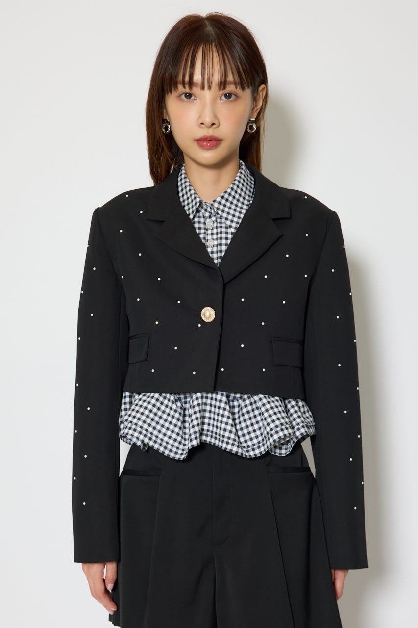 パール付きシングルショートテーラードジャケット BLK M