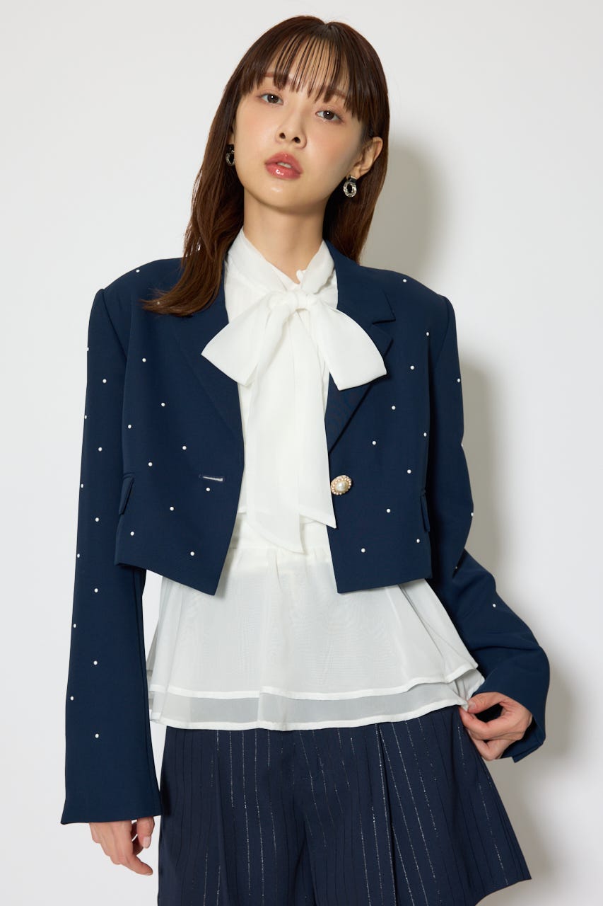 パール付きシングルショートテーラードジャケット NVY M