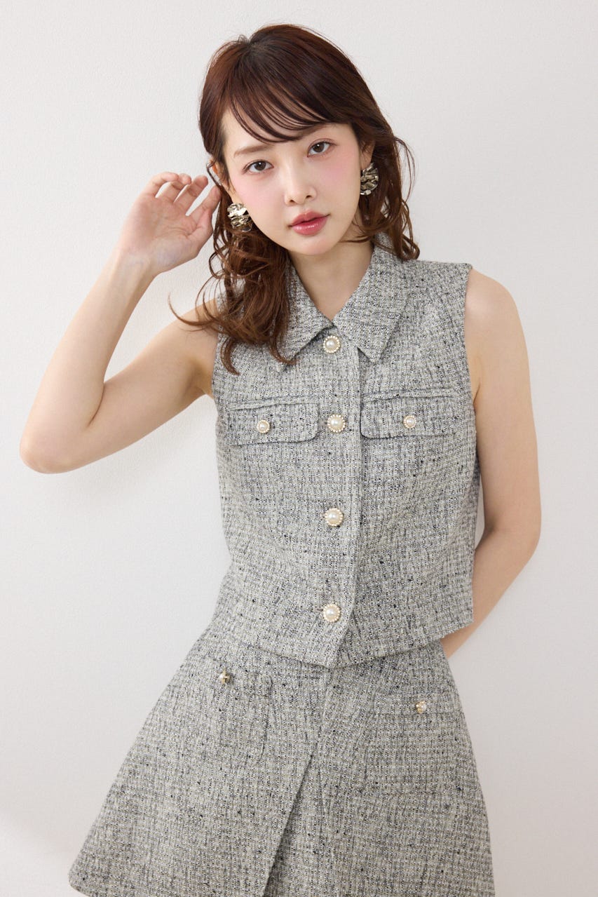 ノースリーブツイードトップス BLK S