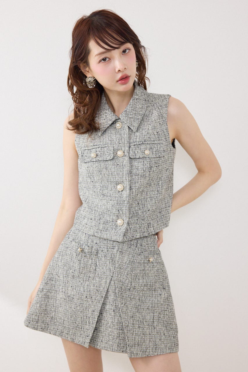 ノースリーブツイードトップス BLK S