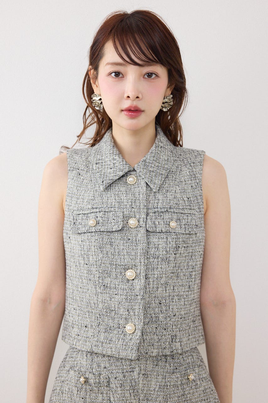 ノースリーブツイードトップス BLK S