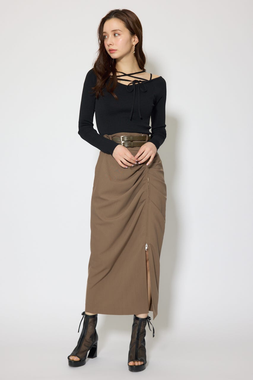 ダブルウエストデザインロングスカート BRN M