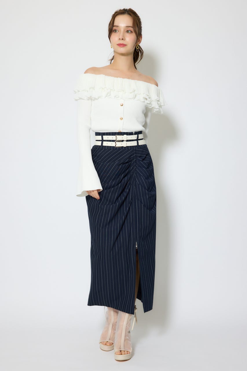 ダブルウエストデザインロングスカート 柄NVY M