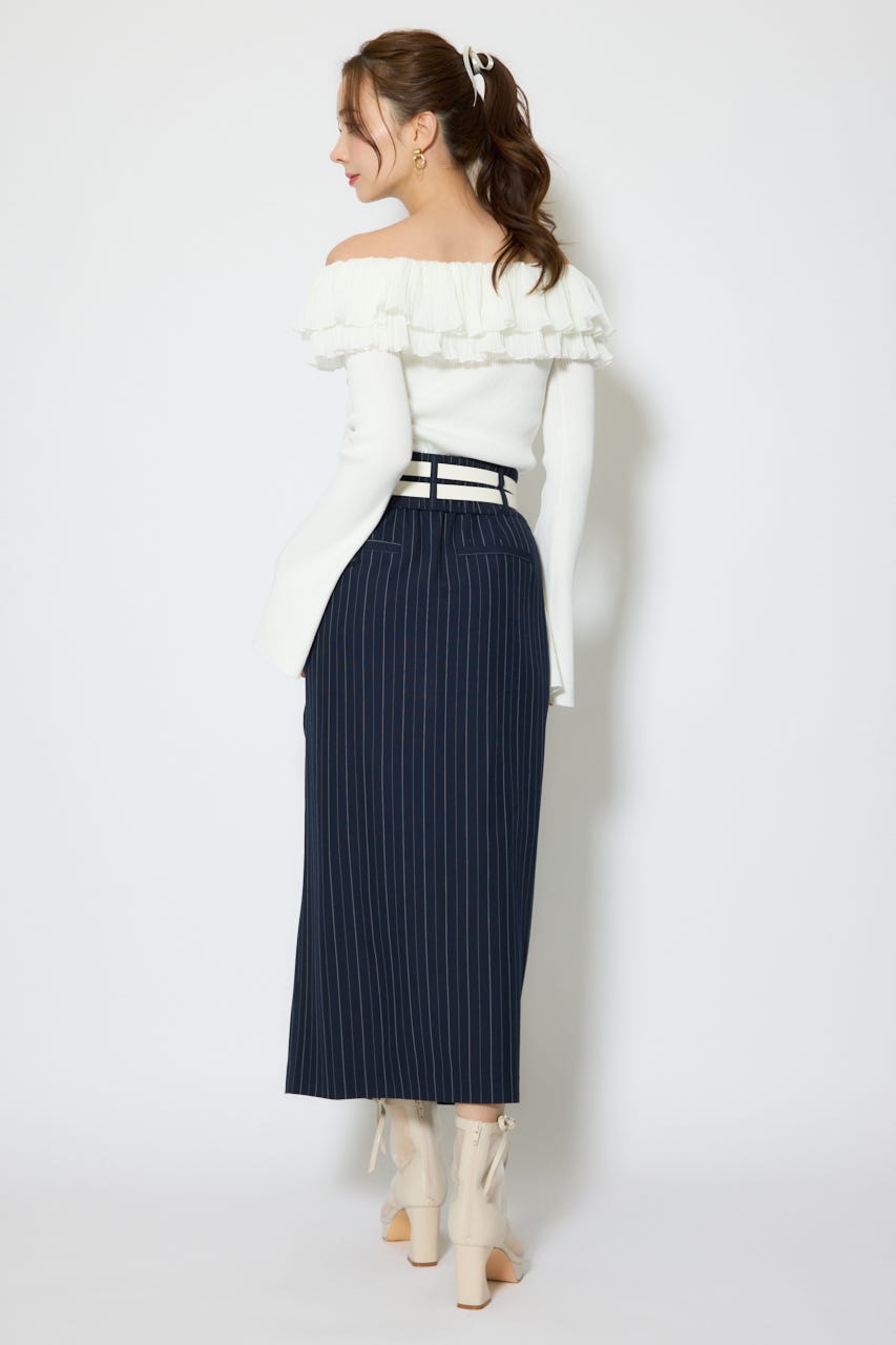 ダブルウエストデザインロングスカート 柄NVY M