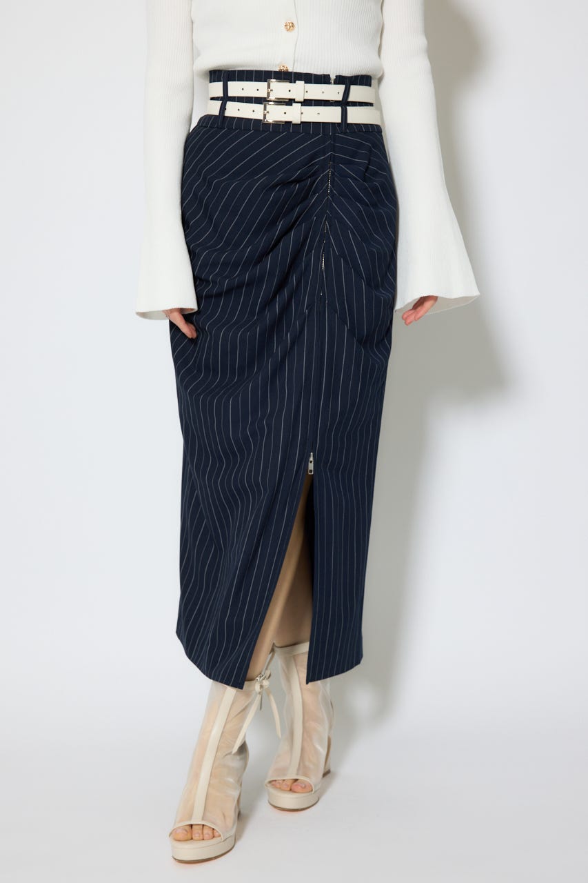 ダブルウエストデザインロングスカート 柄NVY M