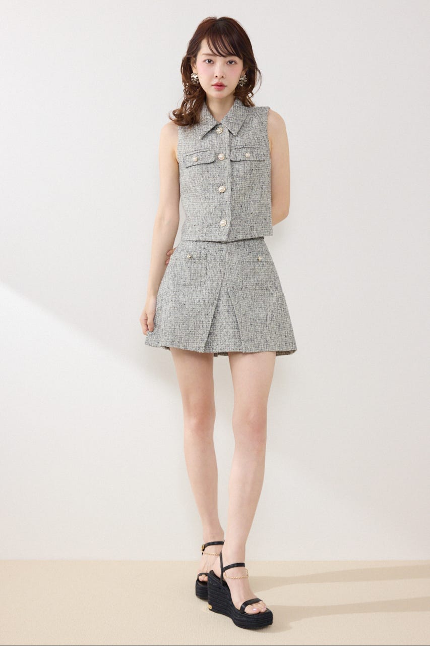 ベルト付きアシンメトリーツイードスカート BLK M