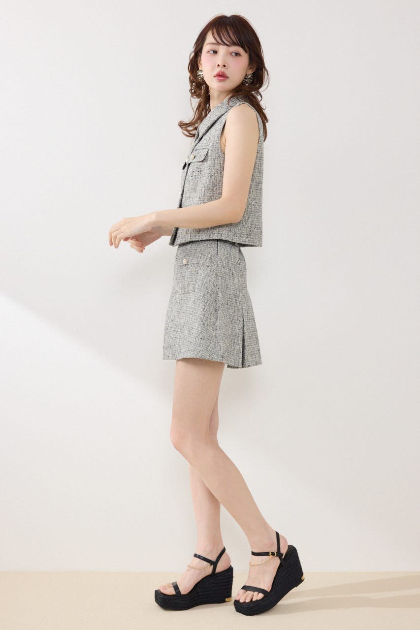 ベルト付きアシンメトリーツイードスカート BLK M