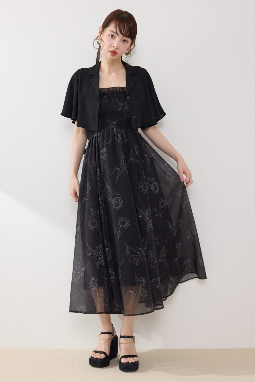 ブラウスセットフラワーパターンワンピース BLK FREE