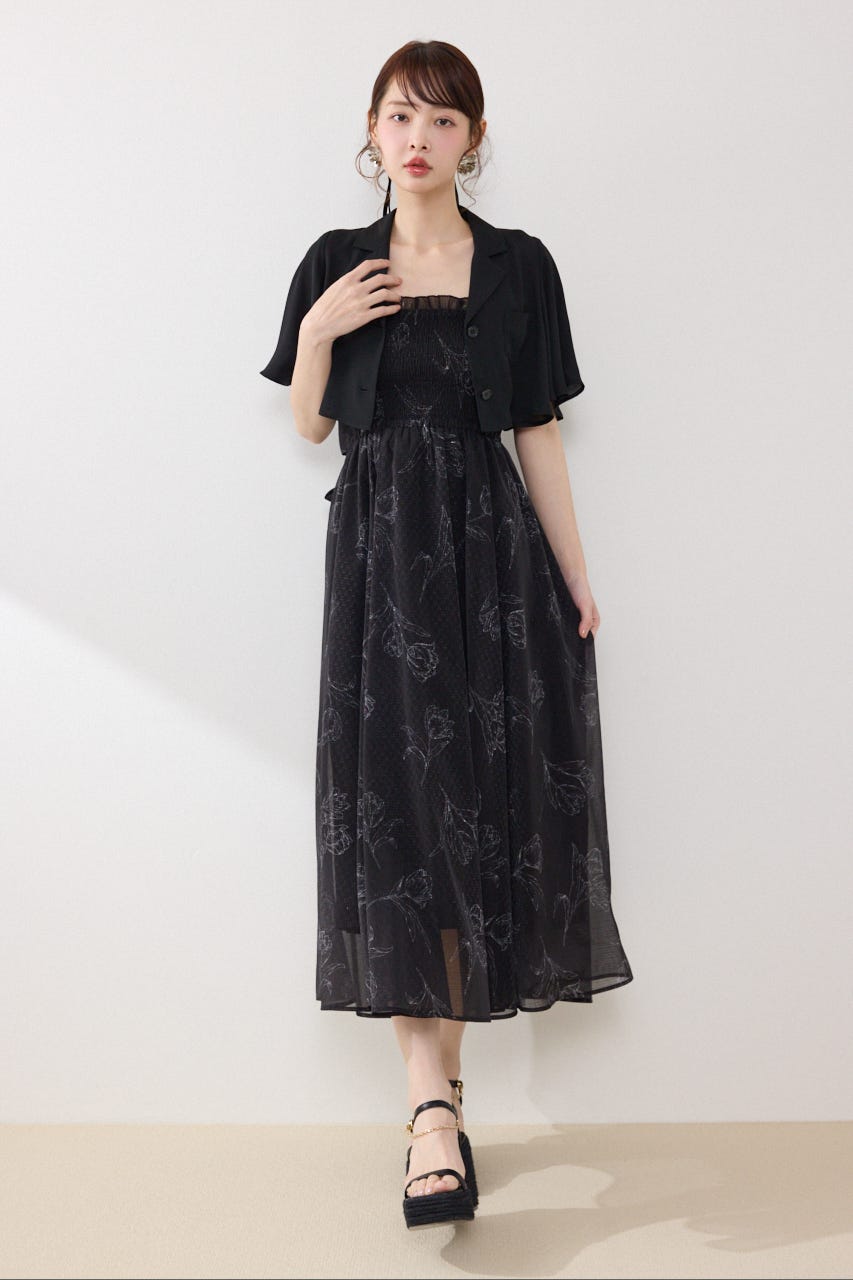ブラウスセットフラワーパターンワンピース BLK FREE