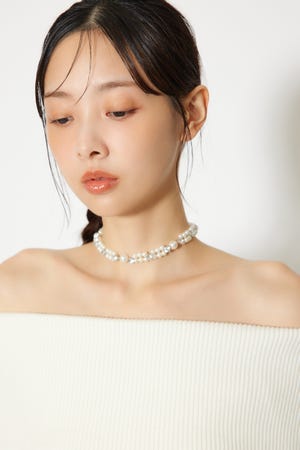 リボン付きフェイクパールチョーカー