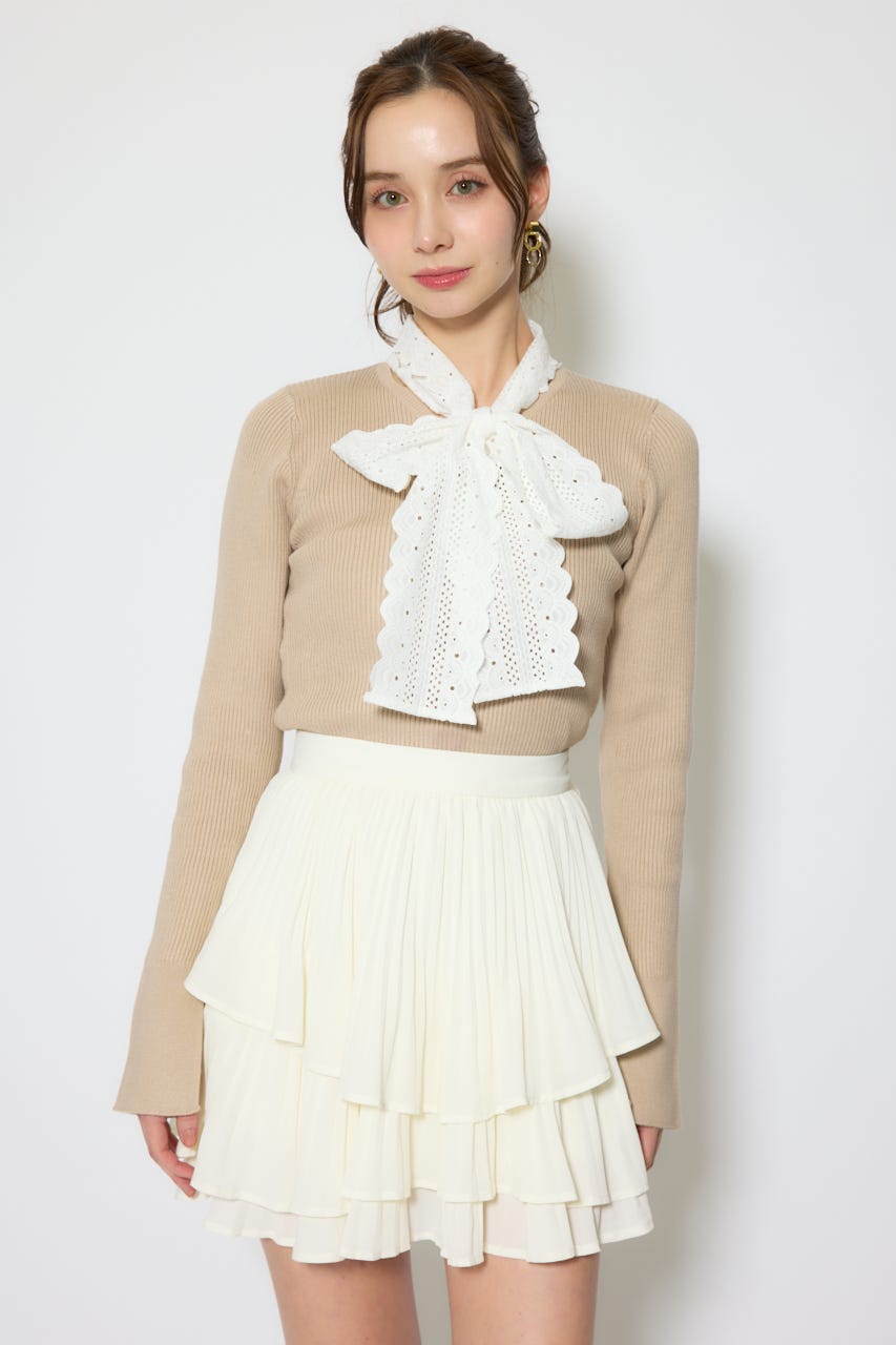 コットンレースリボンニットトップス BEG FREE