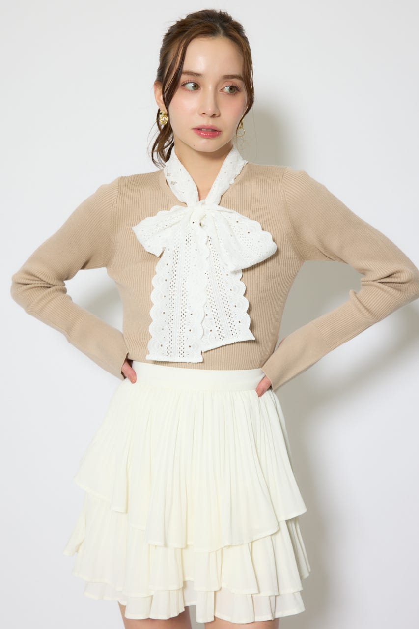 コットンレースリボンニットトップス BEG FREE