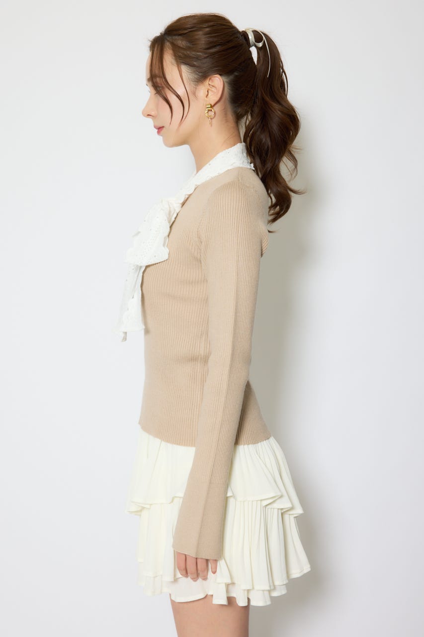 コットンレースリボンニットトップス BEG FREE