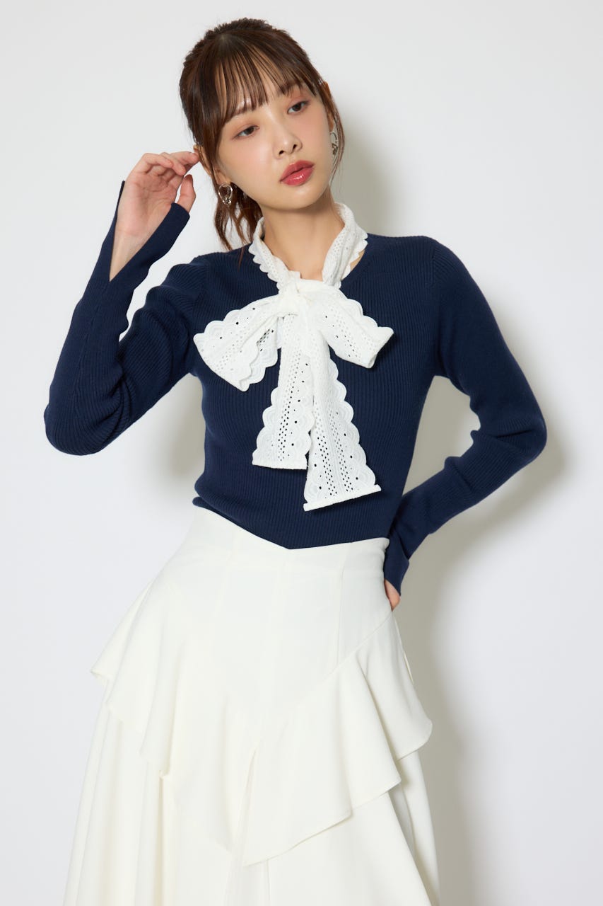 コットンレースリボンニットトップス NVY FREE