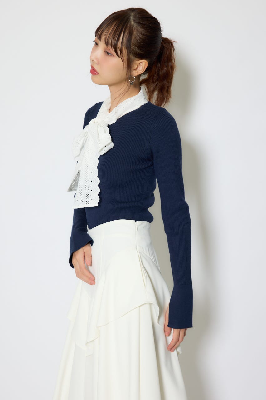 コットンレースリボンニットトップス NVY FREE