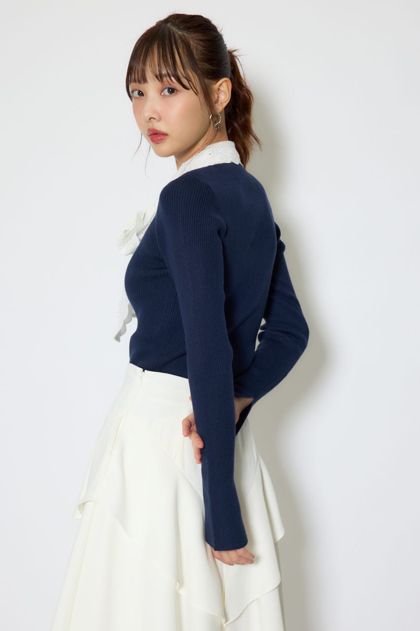 コットンレースリボンニットトップス NVY FREE