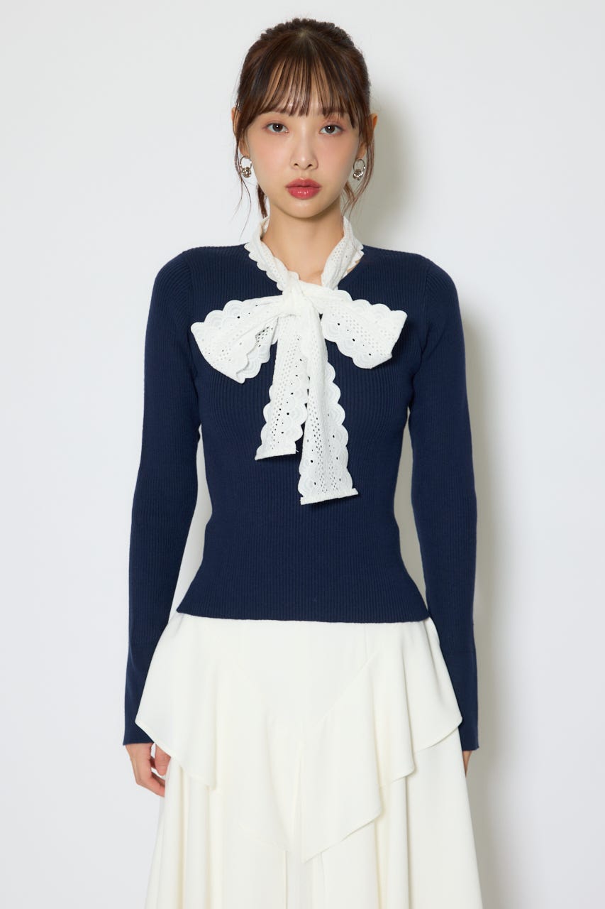 コットンレースリボンニットトップス NVY FREE